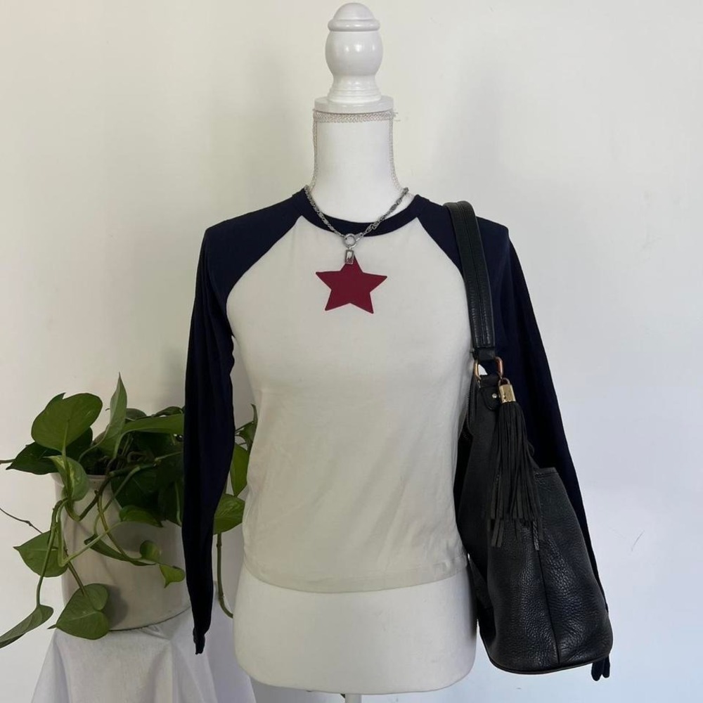 Baby Tee Navy White Raglan Sleeve Red Star 90s Y2K Skater Grunge Women's Size M